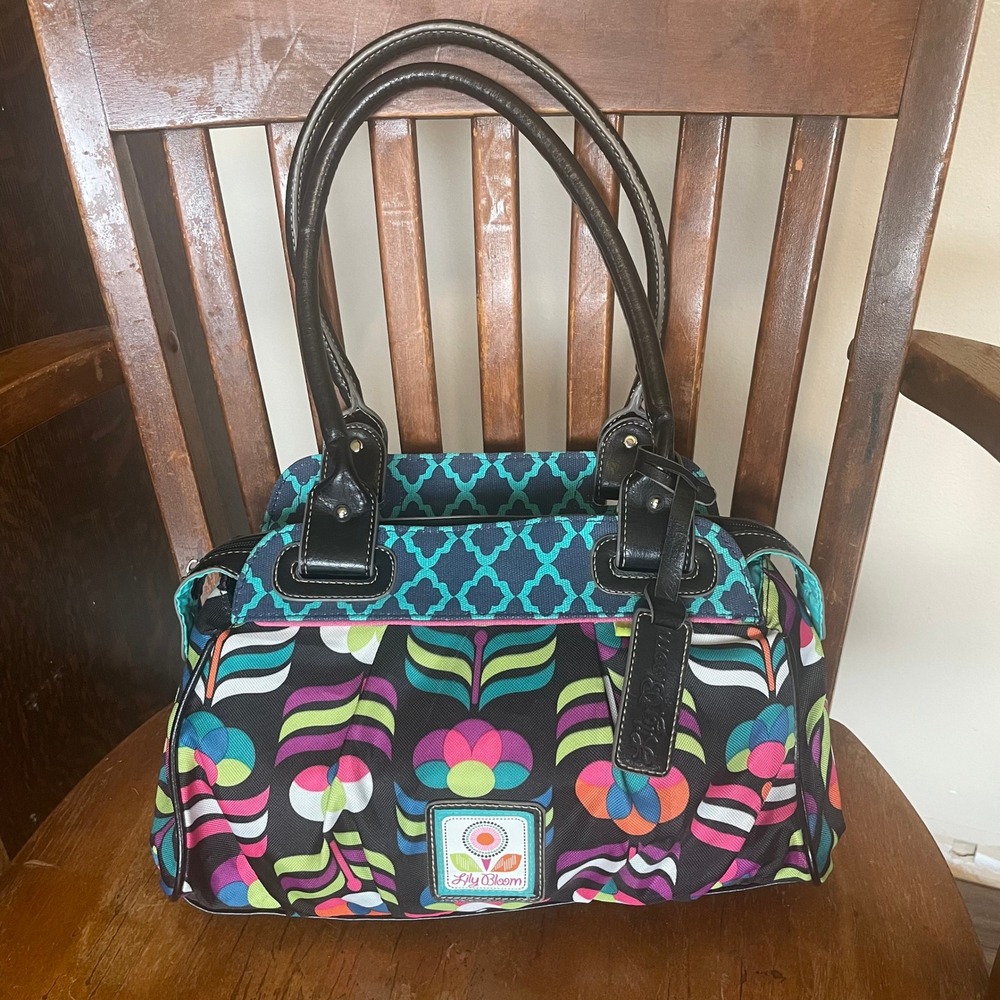 FLORAL Lily Bloom Satchel Eco Friendly Turquoise Quatrefoil Lining Hobo Handbag